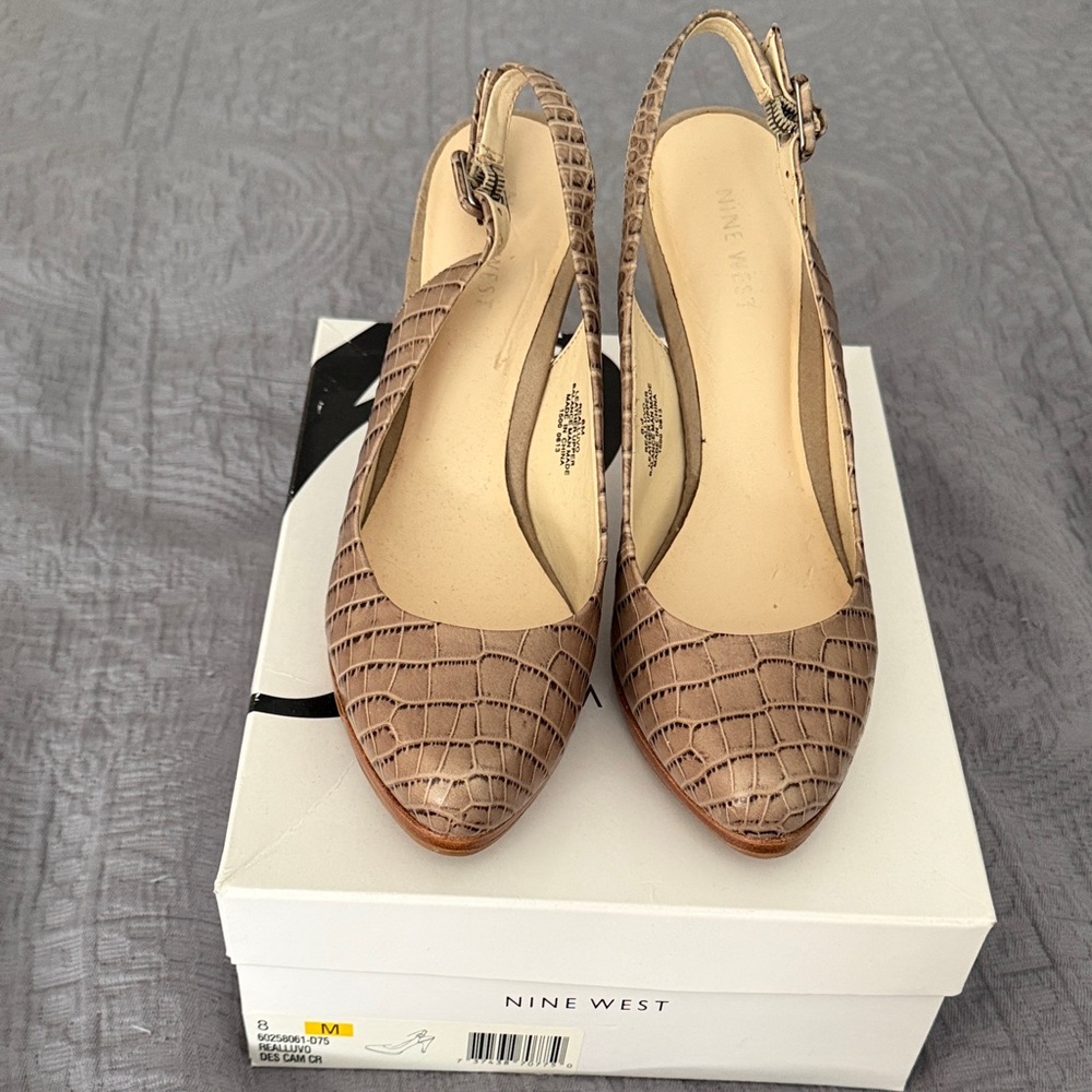 Nine West Taupe Croc-Embossed Slingback Heels
